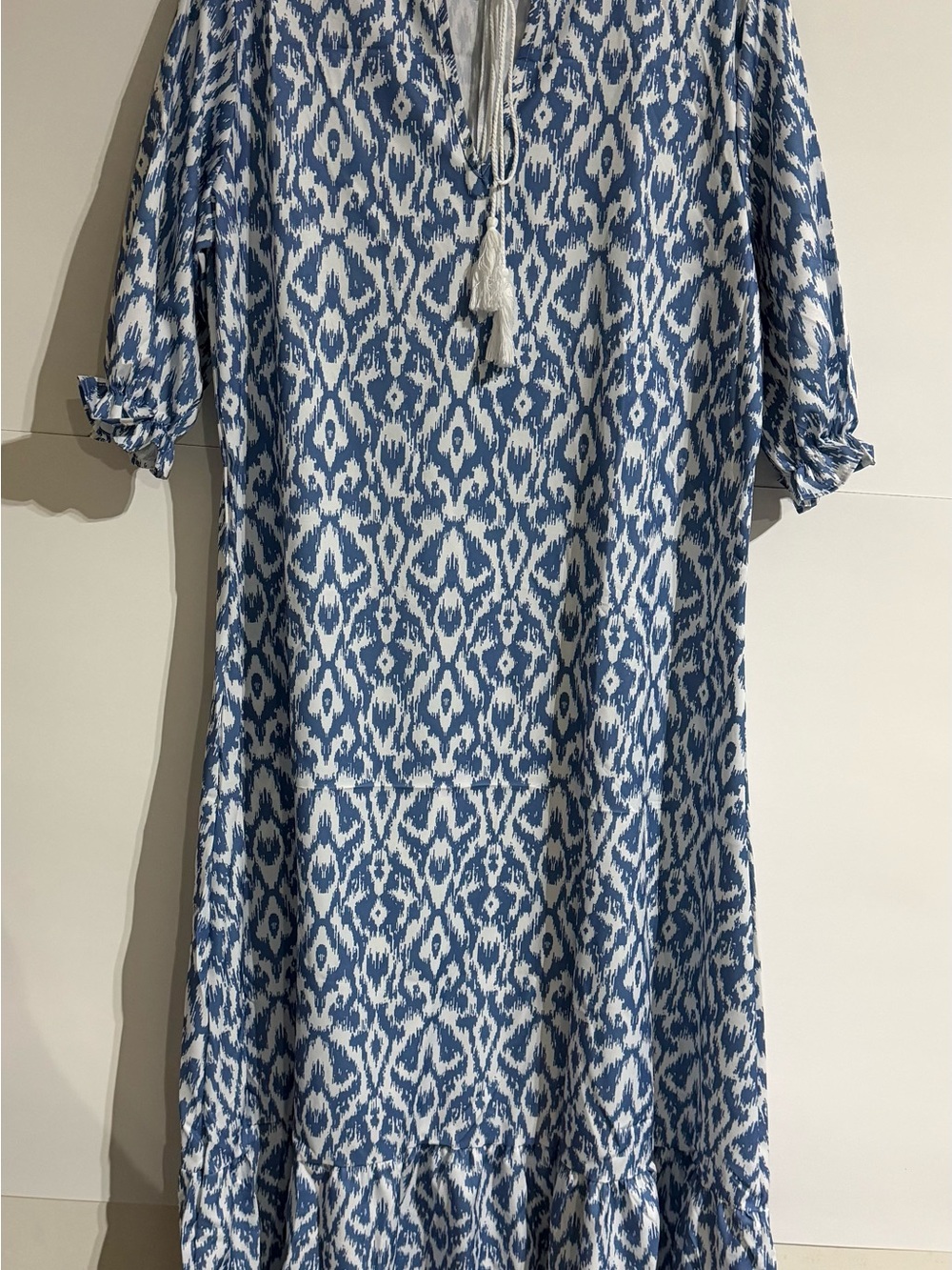 Blue & White Ikat Tie-Neck Women's Dress